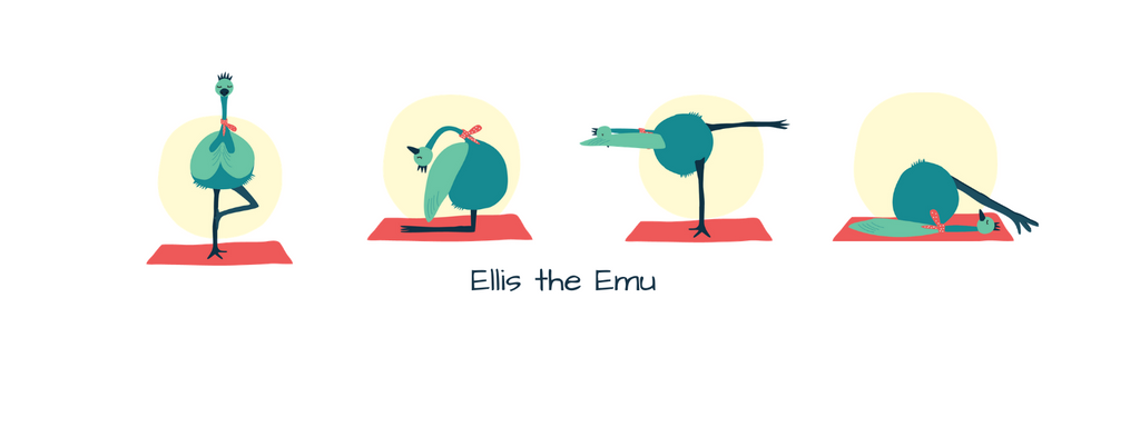 Ellis the emu doing four yoga poses for children