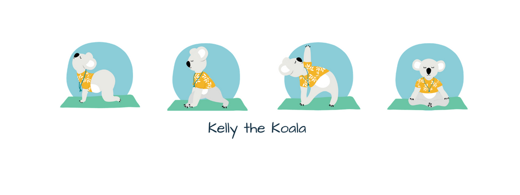 Kelly the koala doing 4 yoga poses