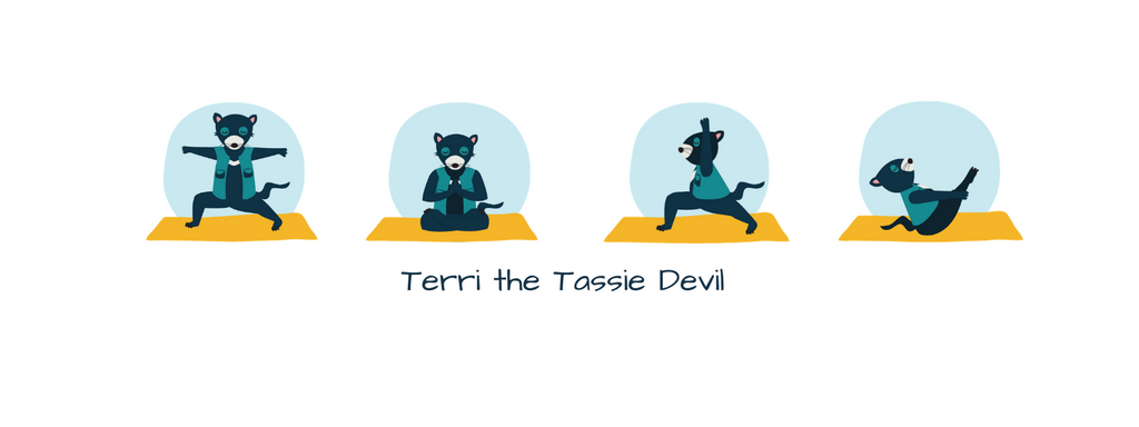 Terri the Tassie devil in four yoga poses
